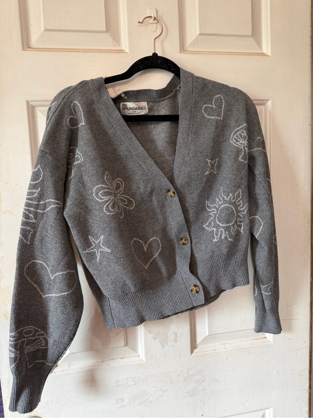 No Boundaries Gray V-Neck Button Cardigan with White Doodle Motifs